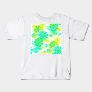 60's Retro Groovy Mod Flowers in Blue, Green and Yellow Kids T-Shirt